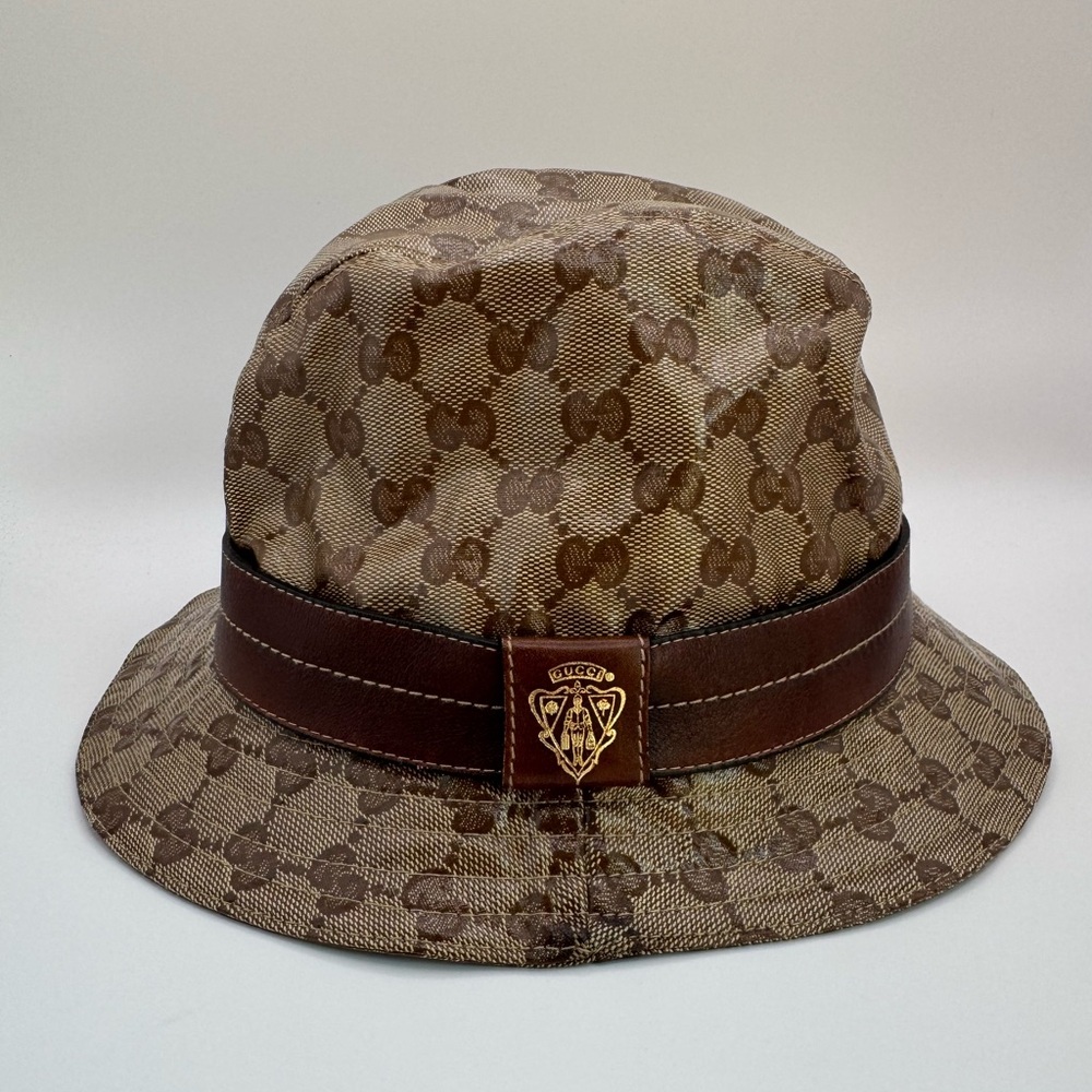 Gucci GG Monogram Bucket Hat Brown Canvas Leather Crest Logo Italy M - Picture 2 of 5